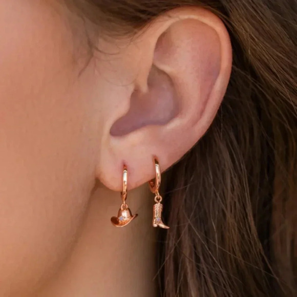 Cowgirl Dangle Rose Gold Huggie Hoop Earrings - Picture 1 of 1